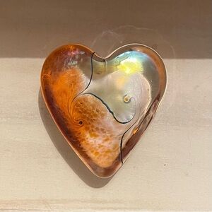 Robert Held Art Glass Heart Paperweight,  Iridescent.  Signed, Original Sticker.